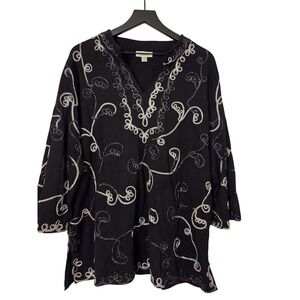 Dressbarn Women's 1X Tunic Top Black Silver Embellished‎ Long Sleeve V Neck